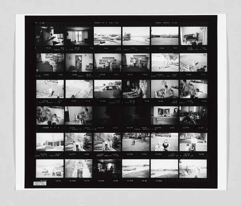 A black and white contact sheet shows various family scenes, including people indoors, outdoors, and children playing.