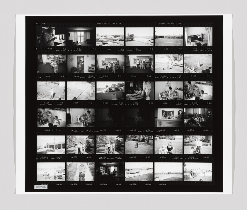 Contact sheet of black-and-white family snapshots showing children, adults, and outdoor scenes.