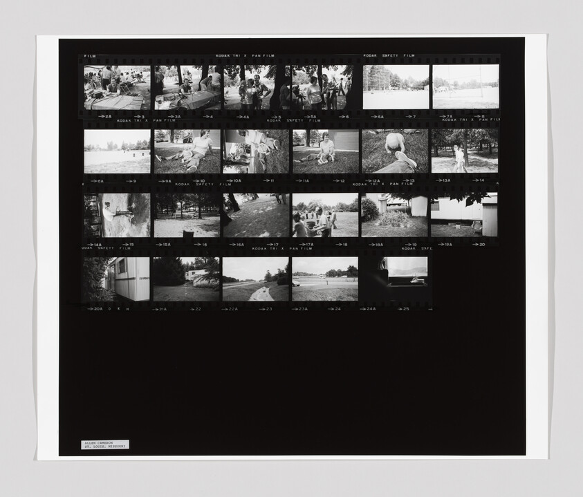 Black-and-white contact sheet showing multiple small vintage photos of people and outdoor scenes.