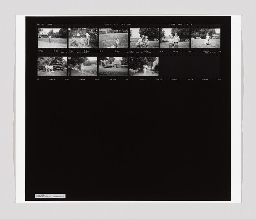 A contact sheet with small black-and-white photos of people outdoors, including children and adults in a yard.