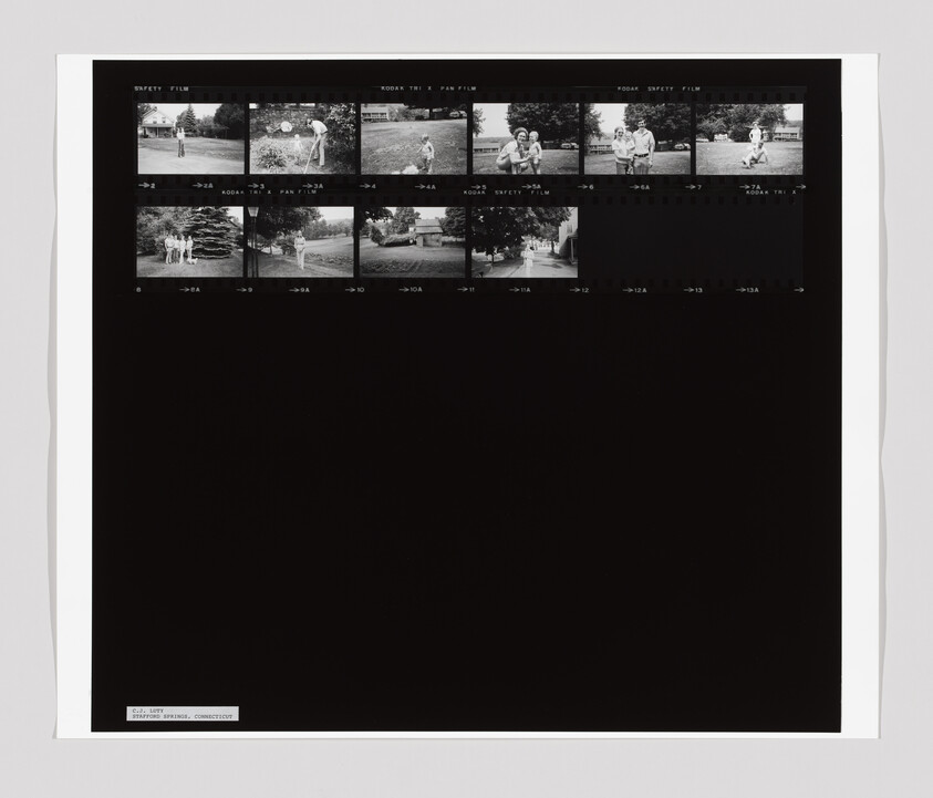 Contact sheet showing small black-and-white photos of people posing and walking outdoors in a yard.