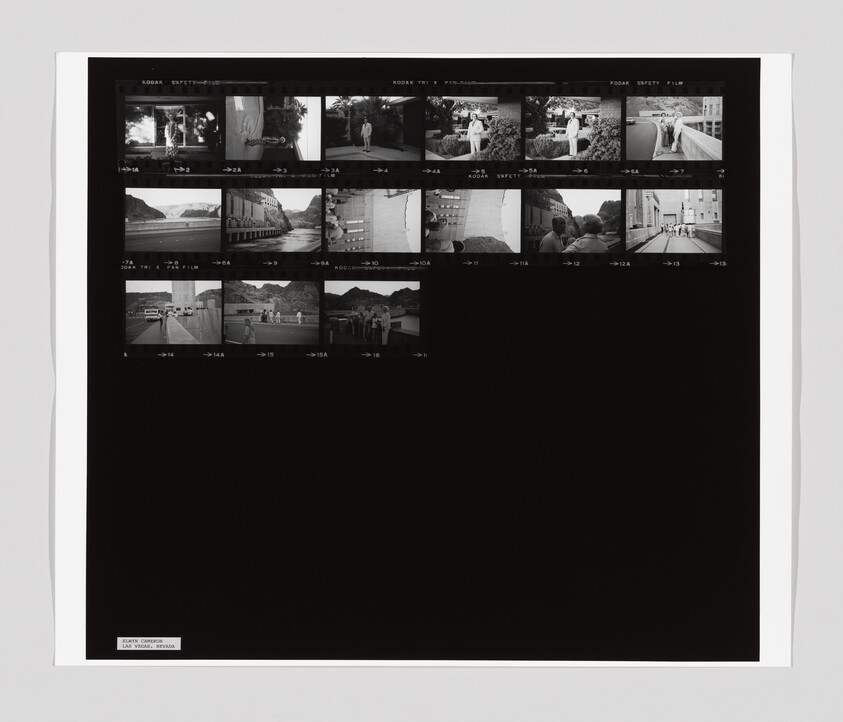 Black and white photographic contact sheet showing multiple small landscape and portrait frames across the top.