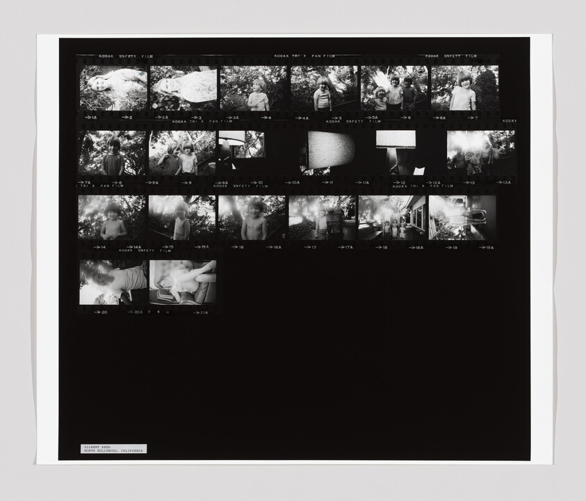 Contact sheet of black-and-white thumbnail photos of children playing and posing outdoors and indoors.