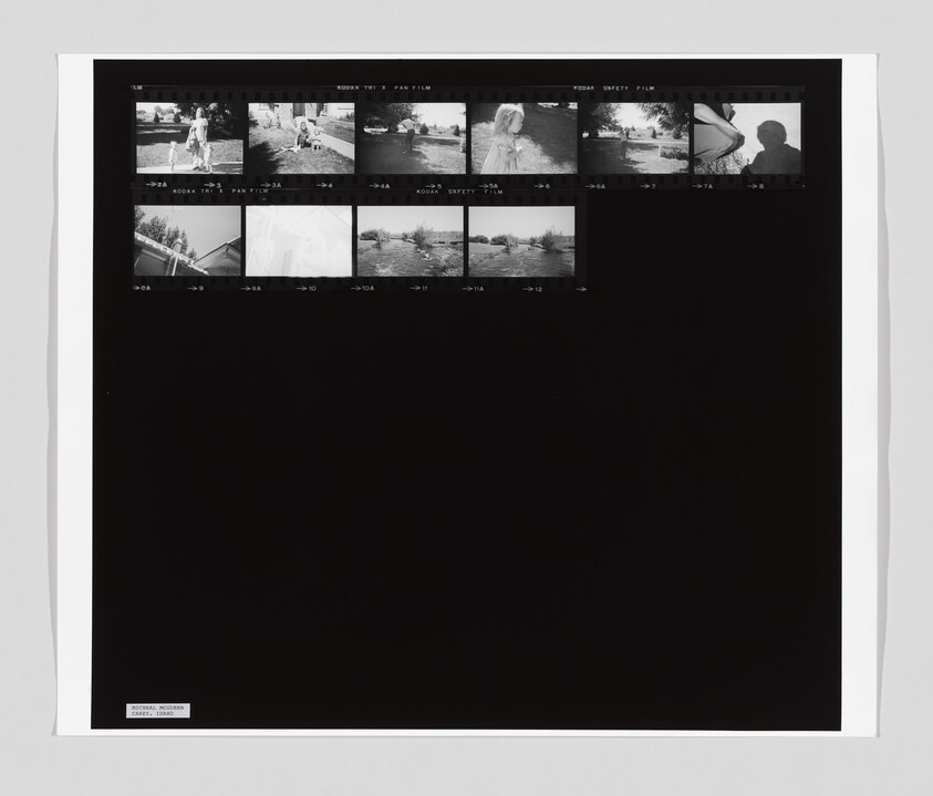 A contact sheet with small black and white photos showing people outdoors, a child, and a river scene.
