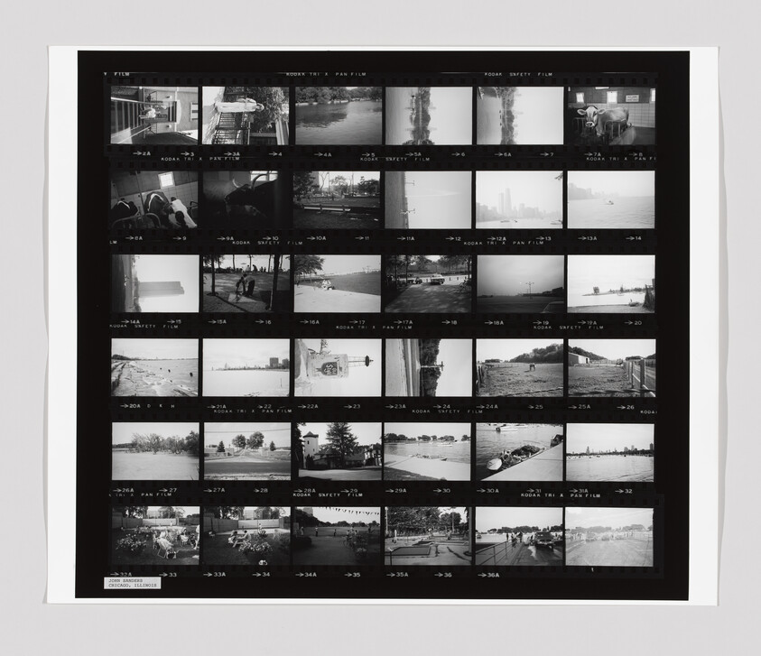 A black-and-white contact sheet shows multiple small photos of city scenes, people, water, and outdoor locations.