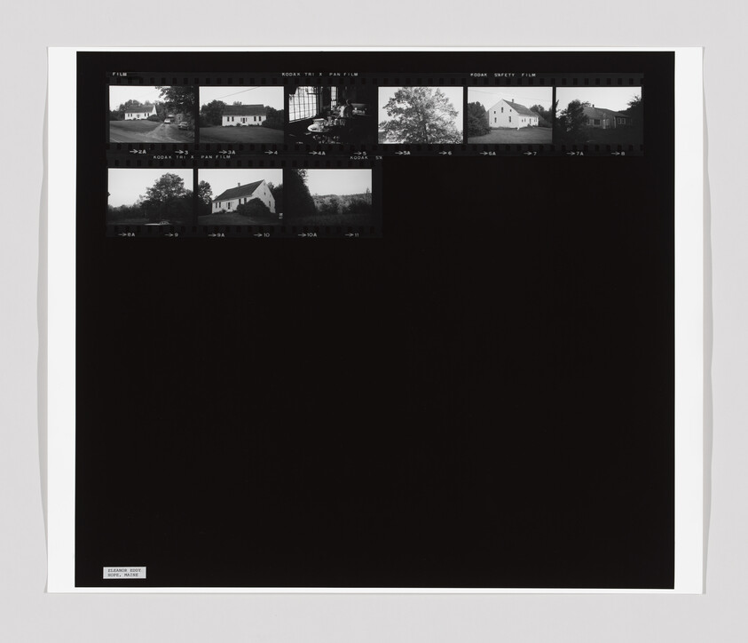 A contact sheet with small black-and-white photos of a house, a tree, and an indoor scene.
