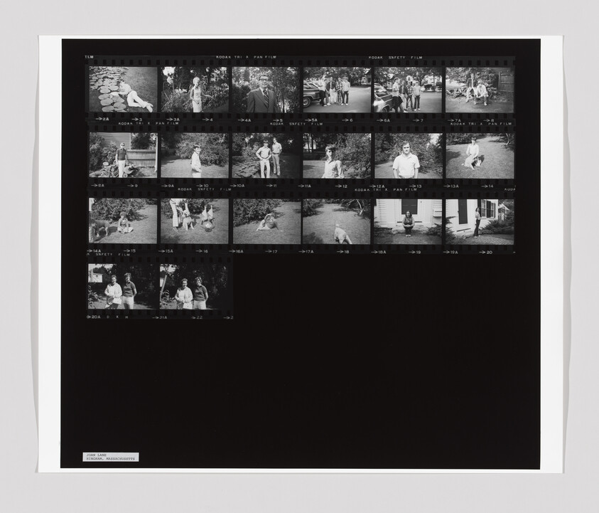Contact sheet of black-and-white family photographs showing people posing and playing outdoors.