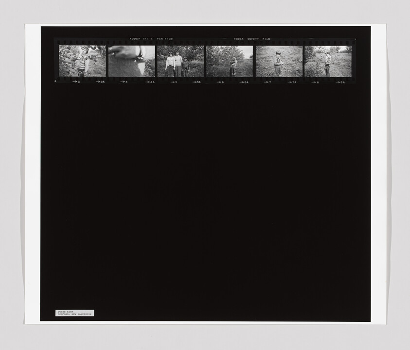 Six small black-and-white film frames at the top show people standing and walking outdoors near trees and grass.
