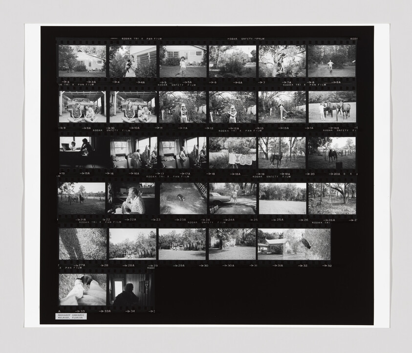 A contact sheet with multiple black-and-white photos showing people, animals, and outdoor scenes in a rural setting.