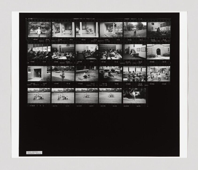 A contact sheet with multiple black-and-white photos showing children and adults in classrooms, outdoors, and group activities.
