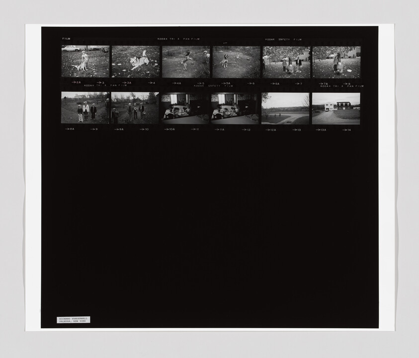A contact sheet with small black-and-white photos showing children playing outside, a group standing, and a building.
