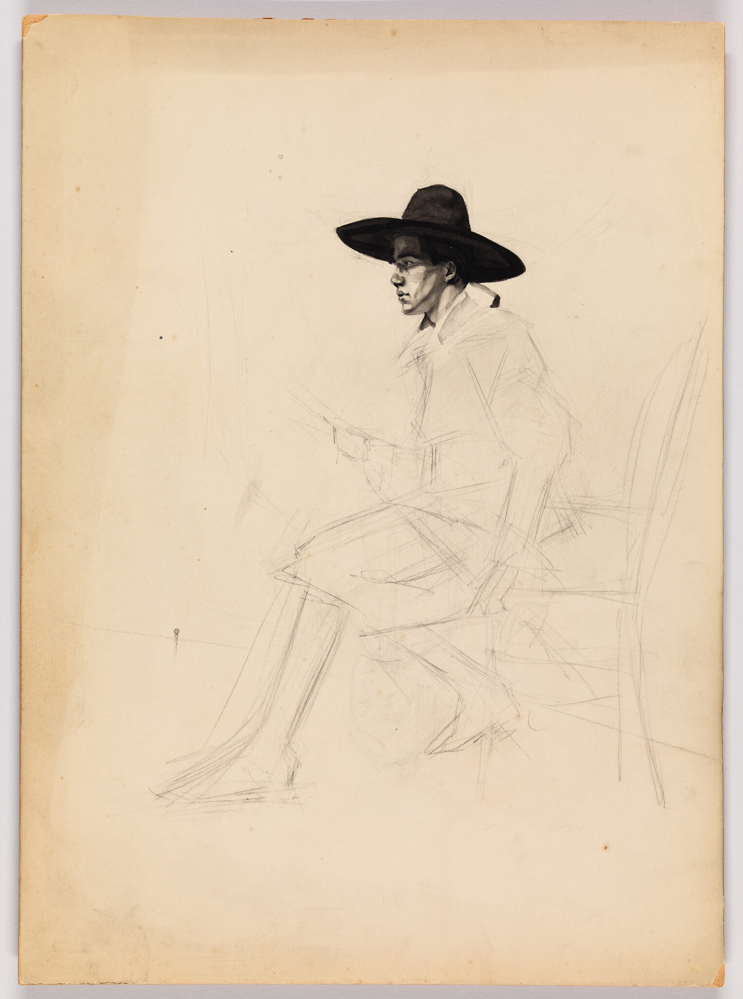 A seated man in a wide-brimmed hat looks forward while sketchily drawn in pencil.