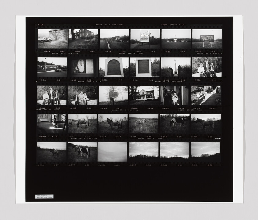 A black and white contact sheet shows various outdoor scenes, people sitting, animals in fields, and a sign reading "Visitor Center Entrance."