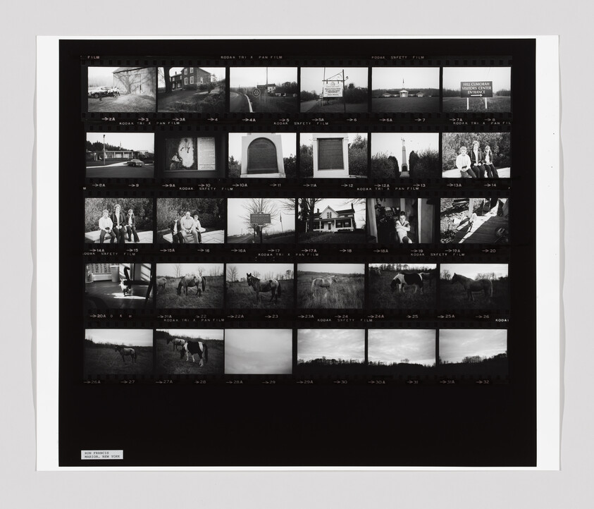 Black-and-white photographic contact sheet showing rows of small images of houses, people, and horses.