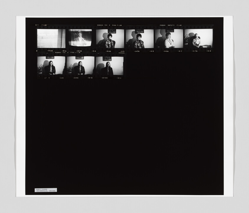 Black photographic contact sheet showing small headshot frames of a seated woman across the top.