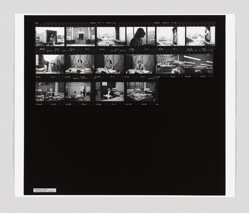 A contact sheet with small black-and-white photos showing people working at desks and interacting in an office setting.