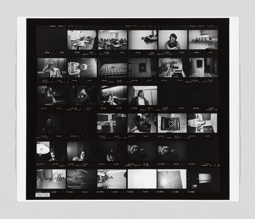 A black and white contact sheet shows various scenes of people in classrooms, an auditorium, and close-up portraits.