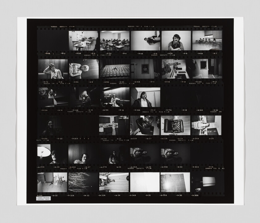 Black-and-white film contact sheet showing multiple small portraits and interior scenes in a grid.