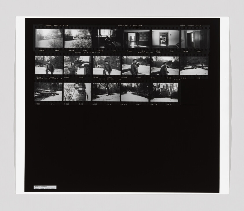 A contact sheet with black and white photos showing a man outdoors in winter and some indoor scenes.