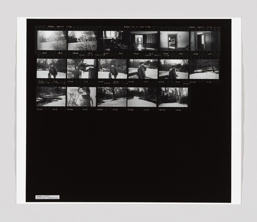 Contact sheet showing multiple black-and-white frames of a man walking beside a snowy river and interior rooms.