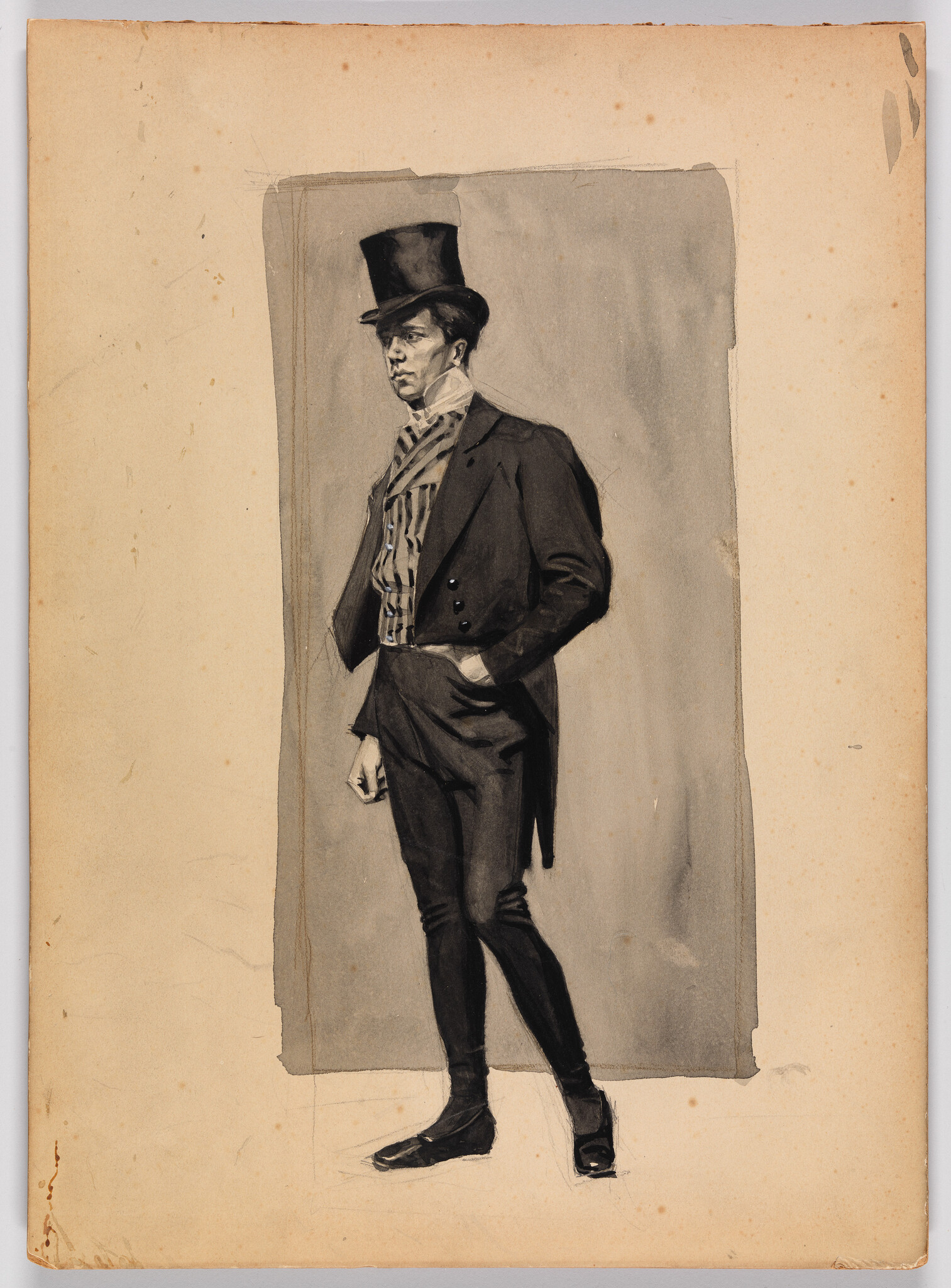 A sharply dressed Victorian gentleman stands with one hand in his pocket wearing a top hat.