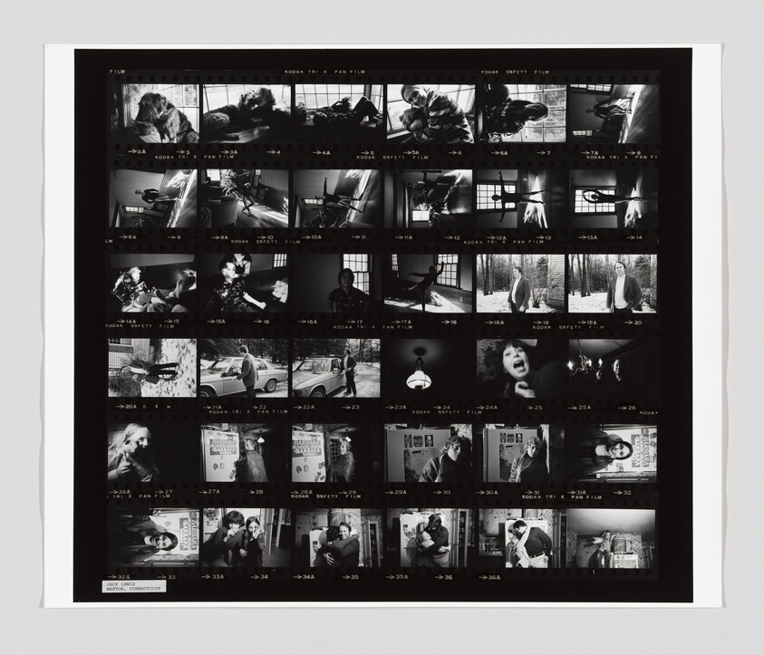 A black and white contact sheet shows a series of candid and posed portraits of a man indoors and outdoors.