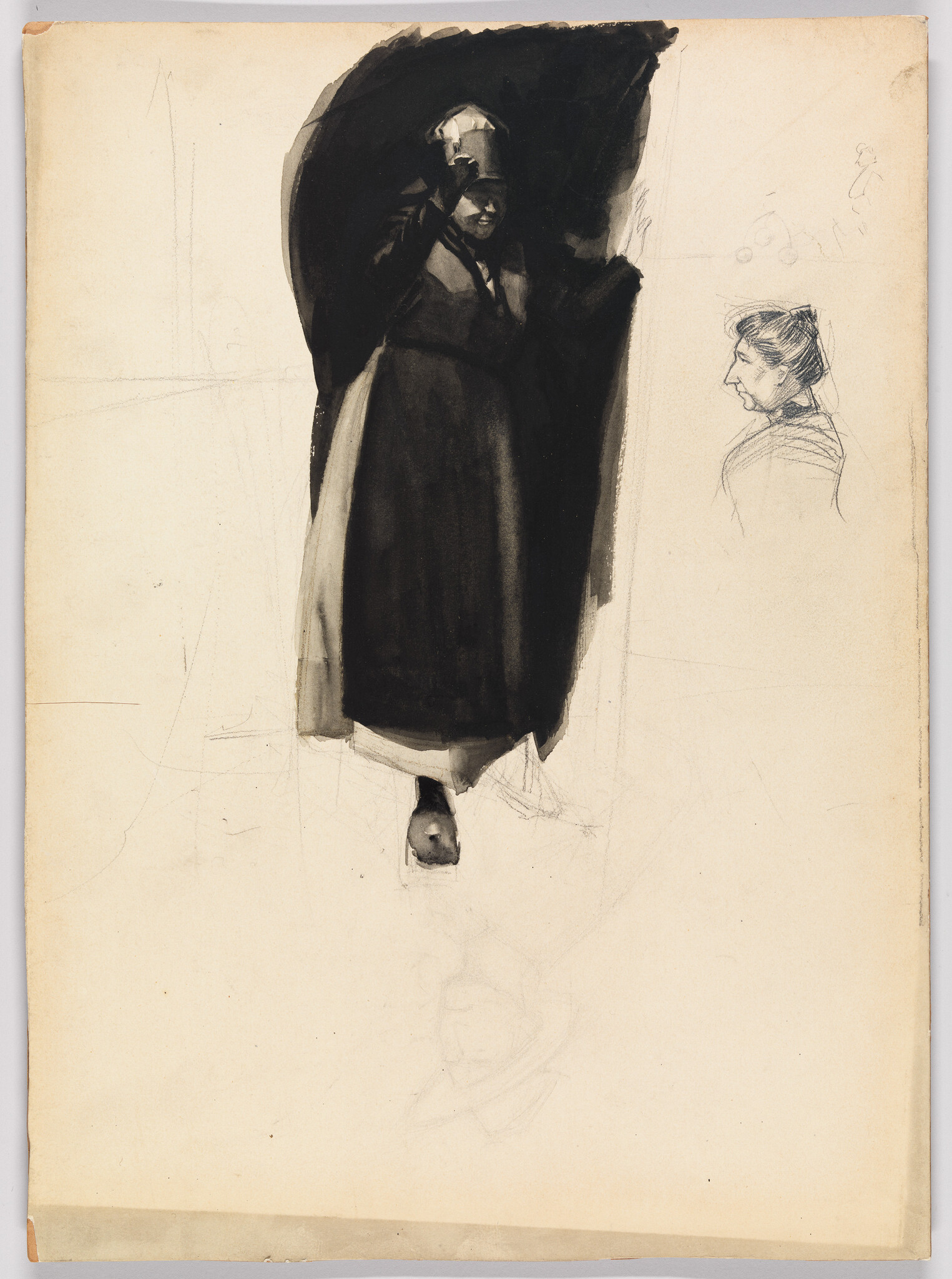 A woman in a dark dress adjusting her bonnet while stepping forward, with a profile sketch beside her.