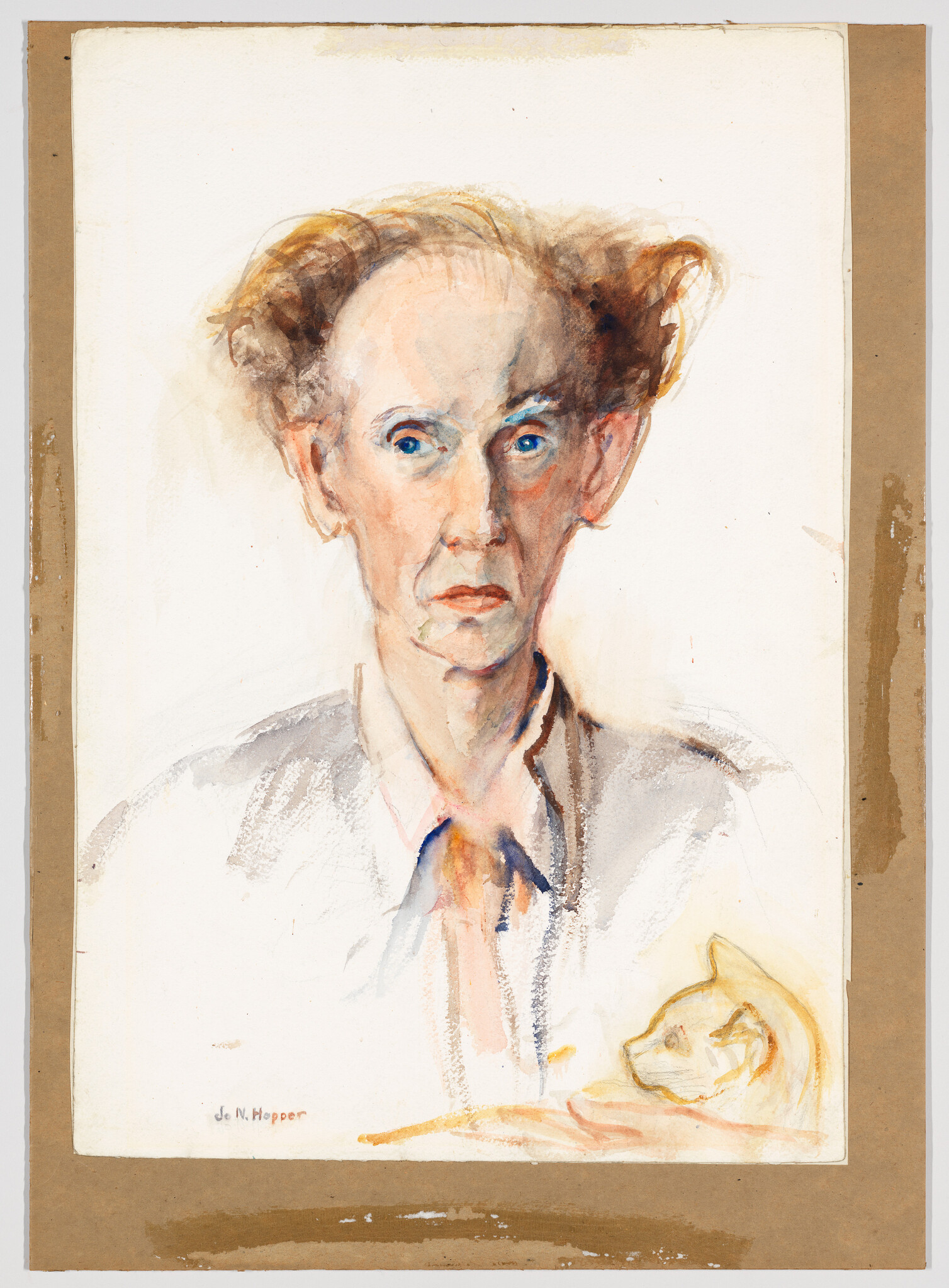 An older person with intense blue eyes stares forward in a loose watercolor portrait with a small cat sketch.