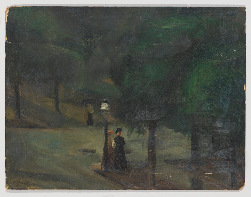 Two women stand beneath trees near a lit streetlamp on a dim, tree-lined path.