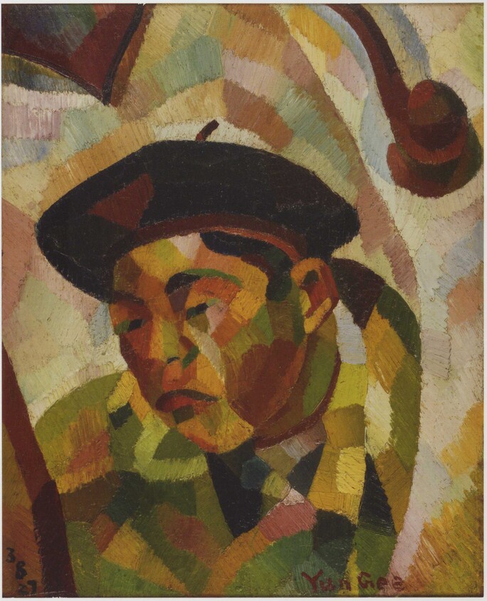 Portrait of a person wearing a dark beret and colorful patchwork coat, looking downward.