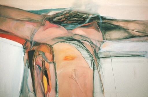 Abstract reclining nude figure with arms raised and loose, flowing brushstrokes.