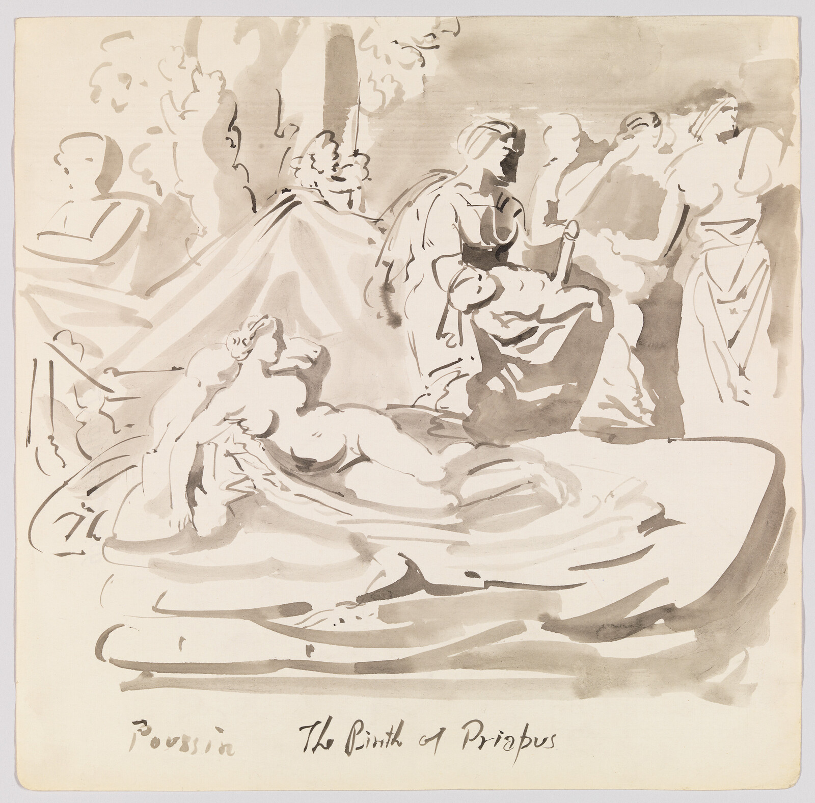 A reclining nude woman foreground with onlookers and the handwritten title "The Birth of Priapus."