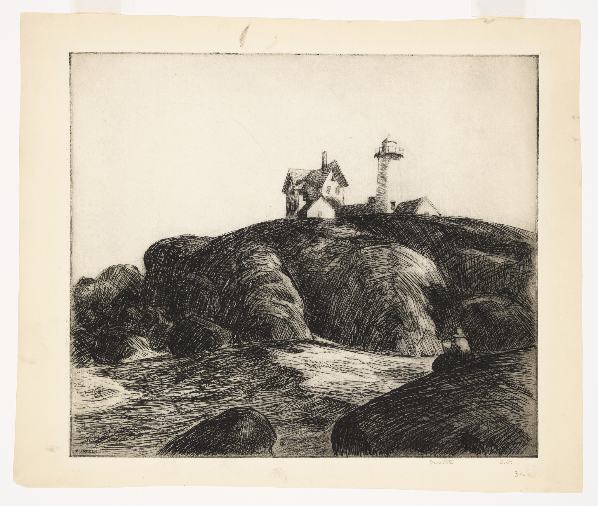 A lighthouse and keeper's house sit atop rocky cliffs overlooking waves crashing against the shore.