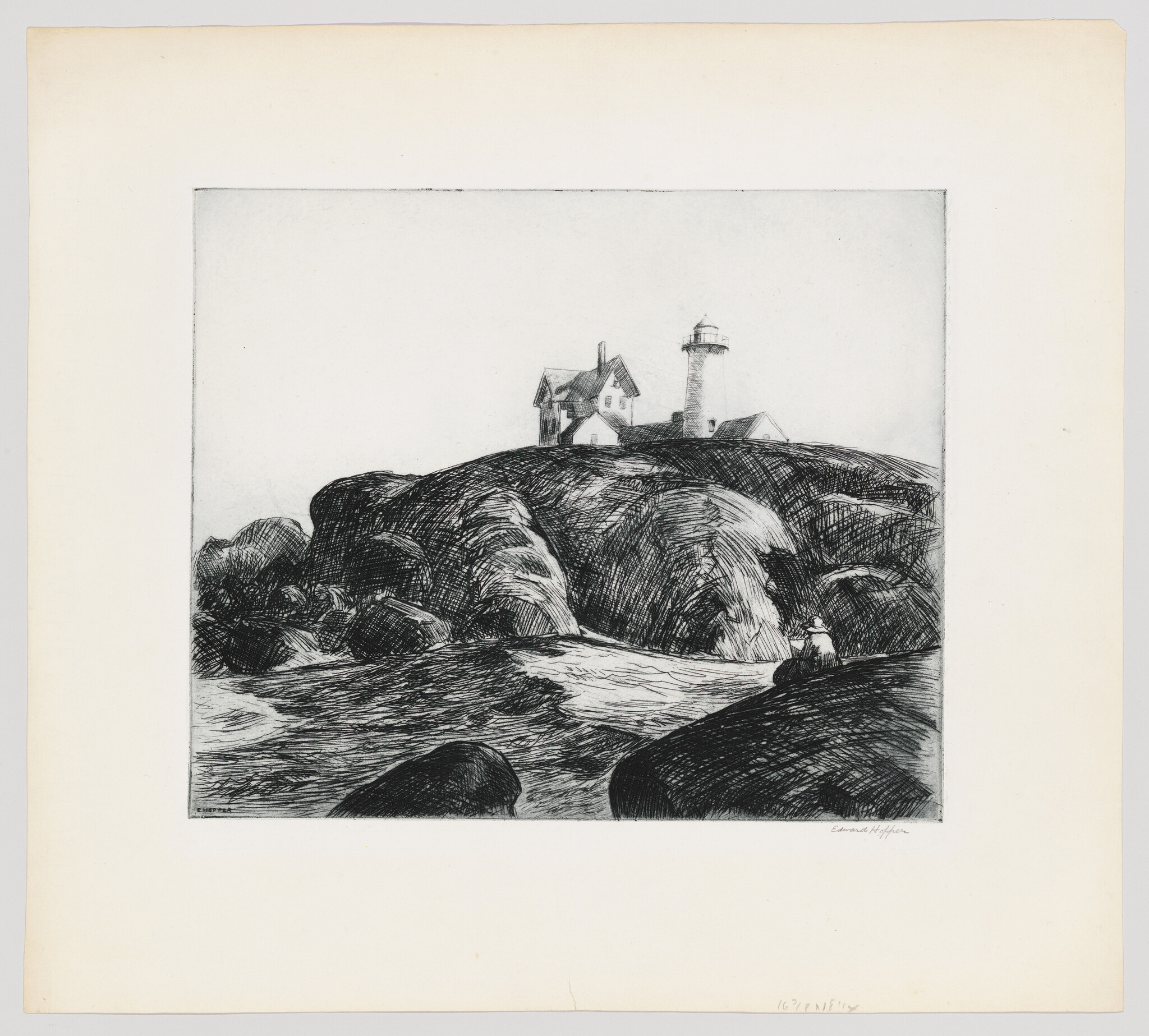 A lighthouse and keeper's house stand atop rocky cliffs overlooking rough waves and a lone person.