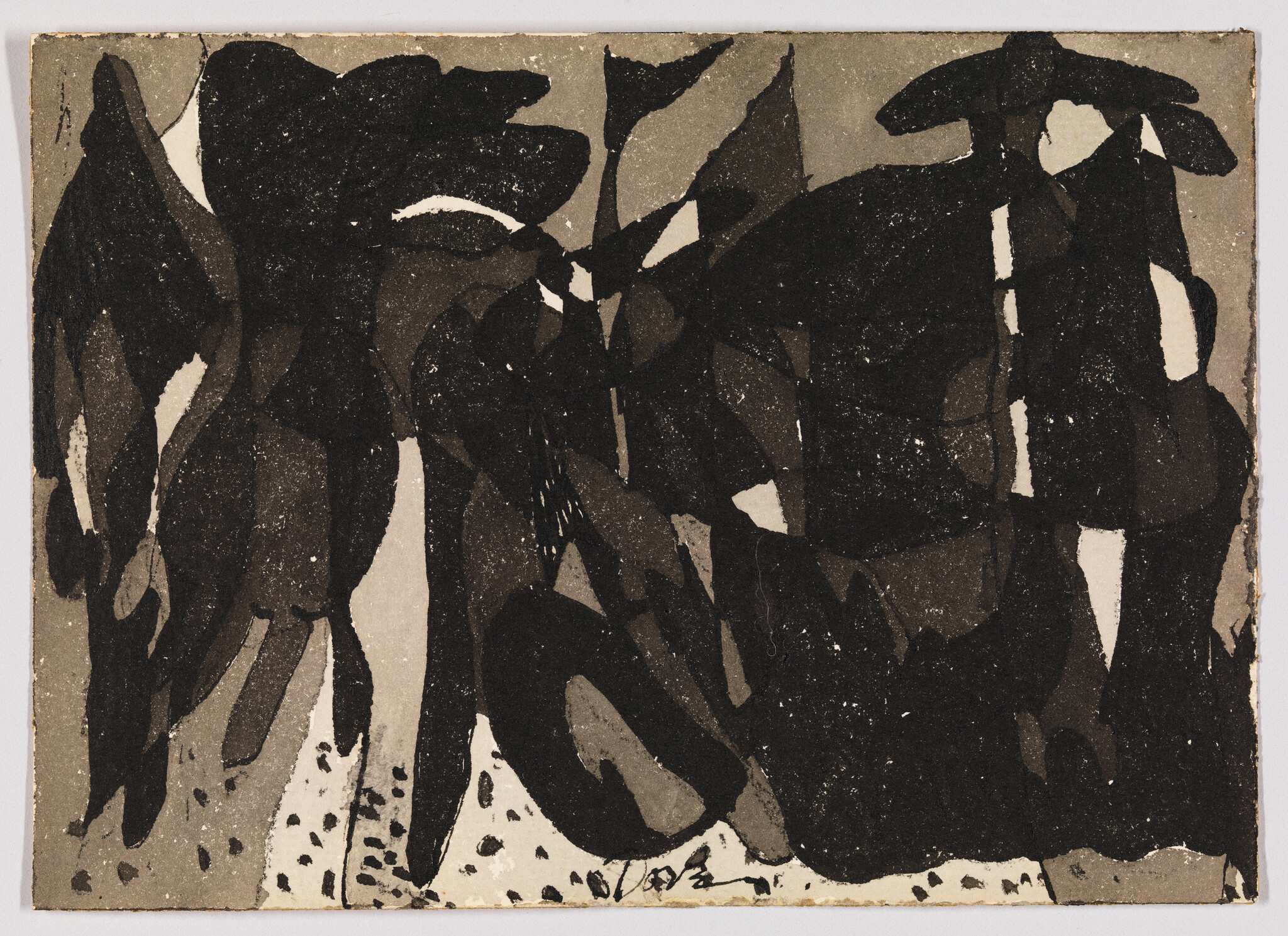 Dark overlapping leaf-like shapes and silhouettes cover a textured beige background, creating dense abstract forms.