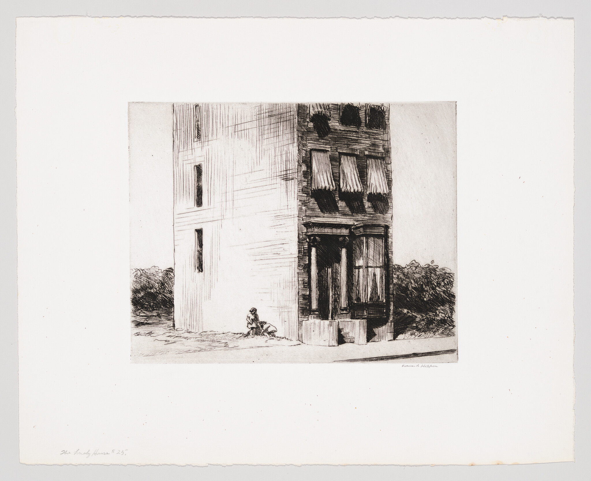 Two children play beside the corner of a narrow brownstone building with striped awnings.
