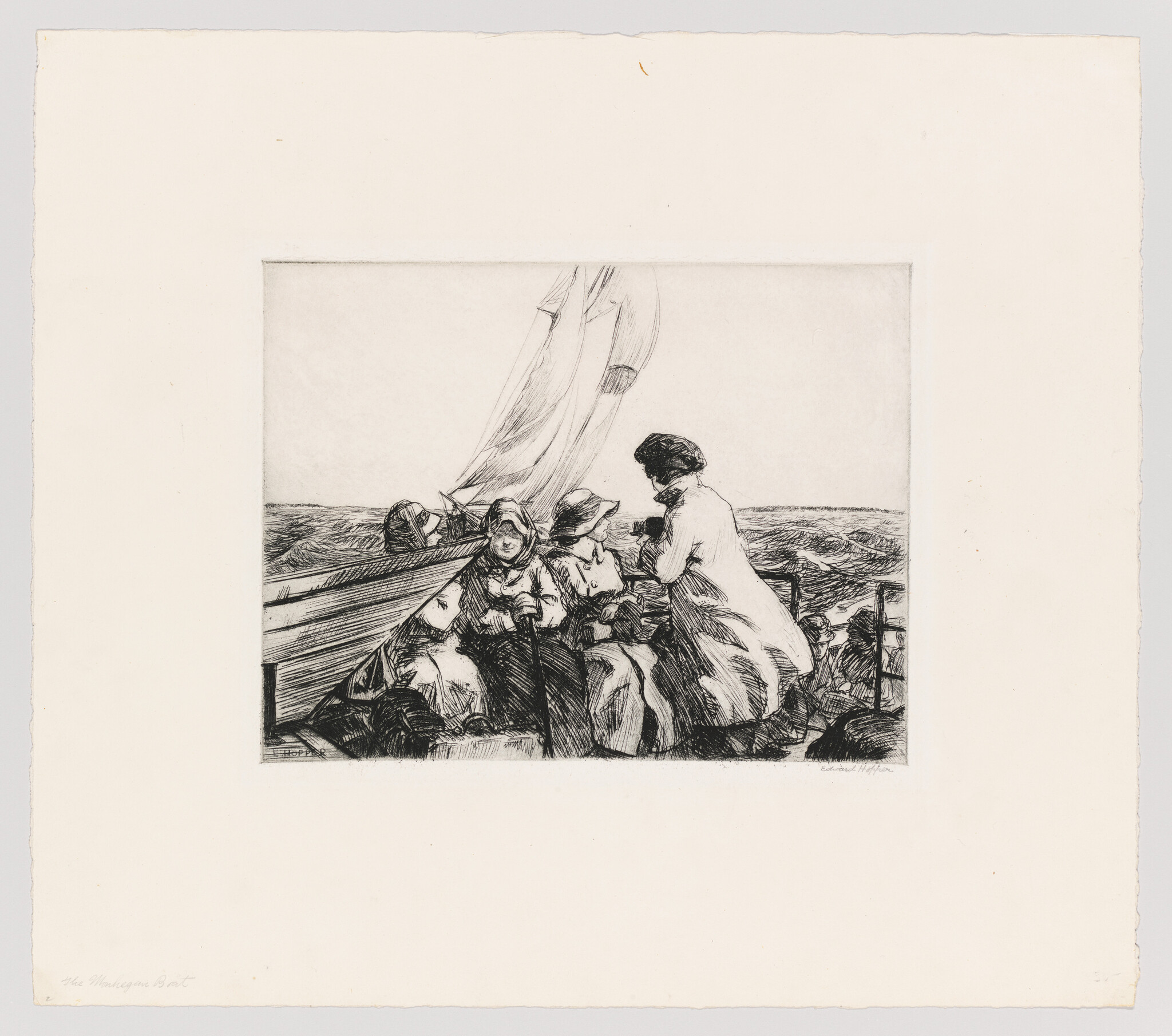 A vintage etching depicting three women and a child on a boat with a billowing sail. The women appear to be engaged in conversation or a shared activity, while the child looks on. The sea is visible in the background, suggesting a leisurely outing or a fishing trip. The image has a border, and there's a signature or inscription in the lower left corner.