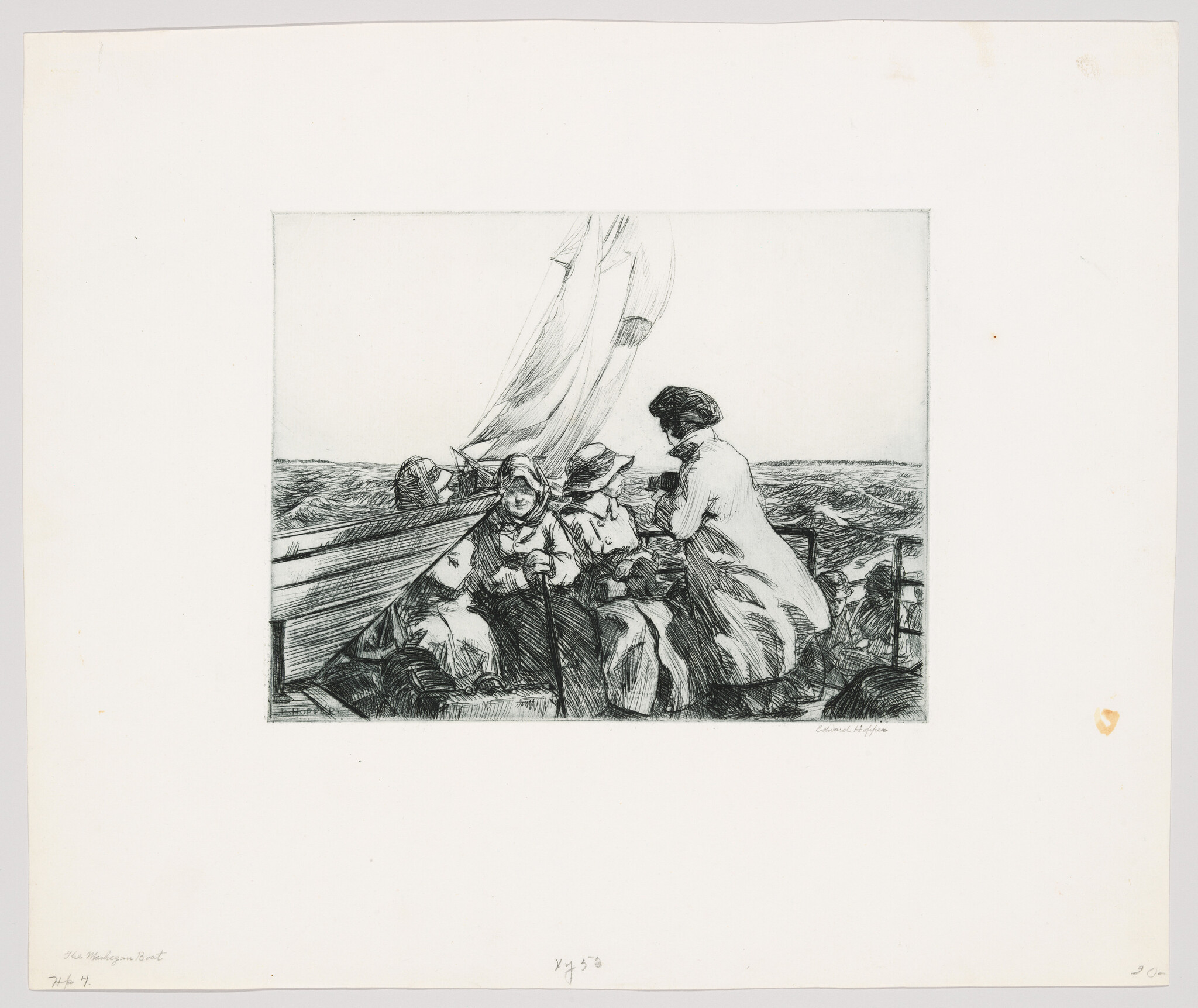 A black and white etching depicting several individuals on a sailboat. The scene shows a woman in a bonnet sitting and looking towards the viewer, while another figure in a hat and a white blouse is attending to a task on the boat. The sail is partially visible on the right, and the ocean can be seen in the background. The image has a title "The Herring Net" and a signature "Edward Hopper" on the bottom. There are also handwritten notations on the lower left and right corners outside the image area.