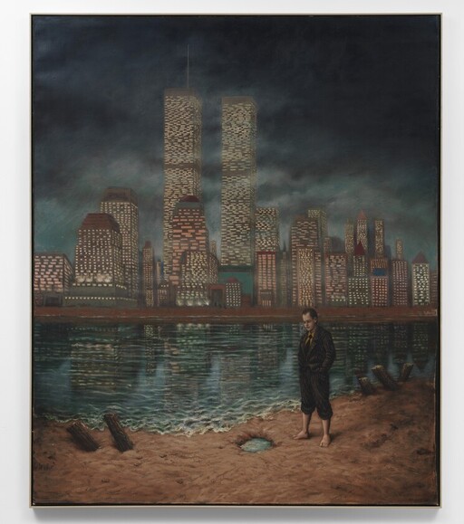 A barefoot boy stands on a riverbank staring at a lit city skyline with twin towers reflected.