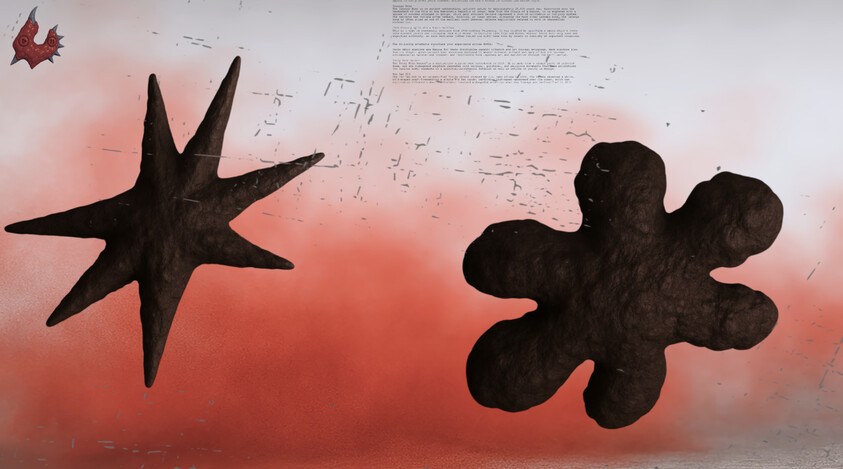 Two dark organic shapes, one star-like and one blob-like, float against a red and white background.