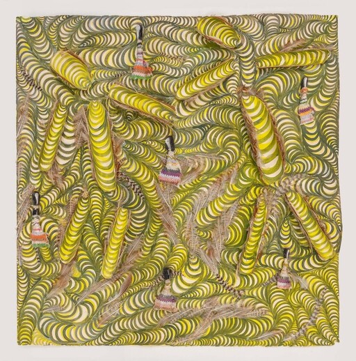 Swirling yellow-green patterned canvas with elongated striped pods and small colorful figurines.