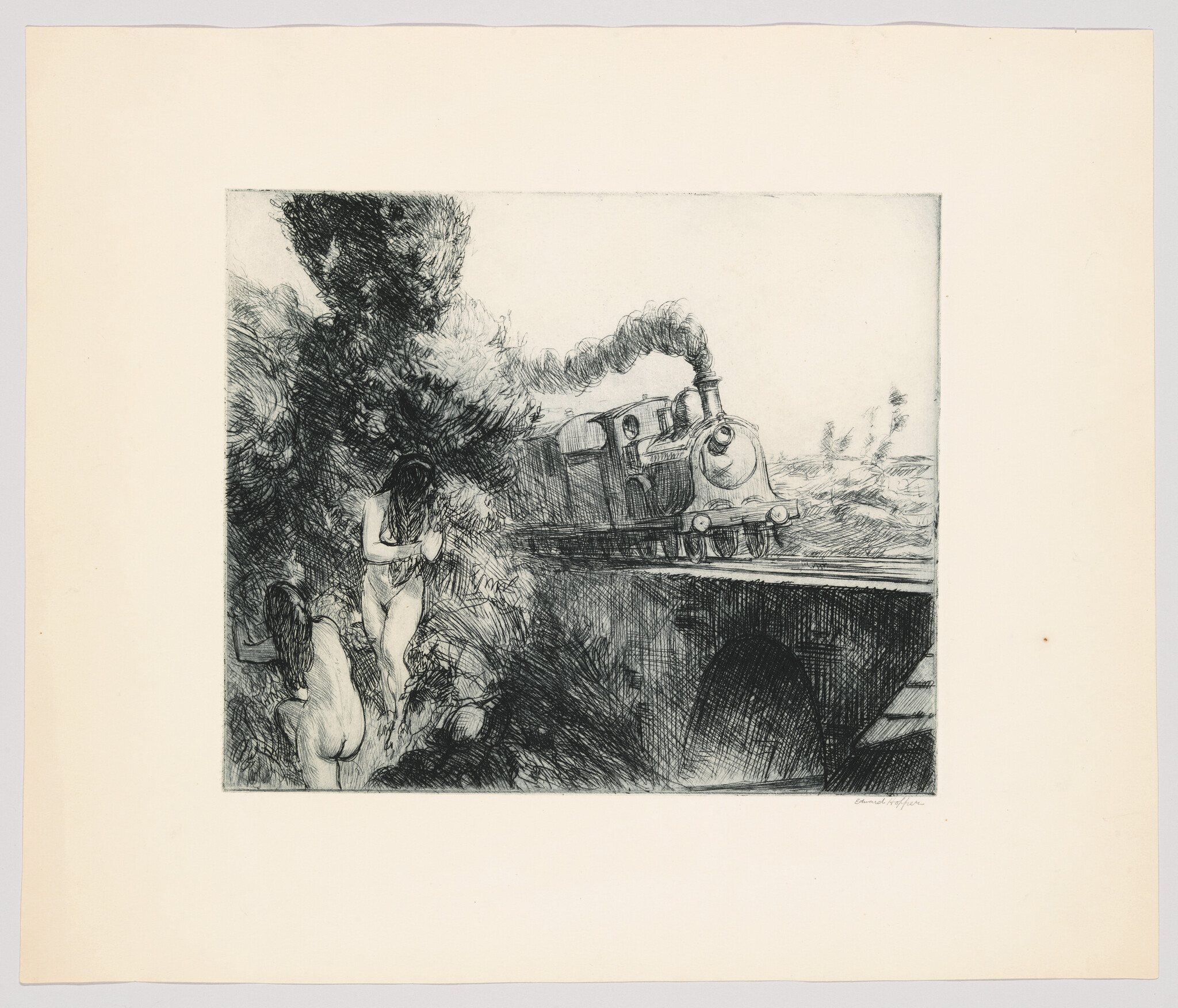Steam train crosses a bridge while three nude women hide among bushes beside the tracks.