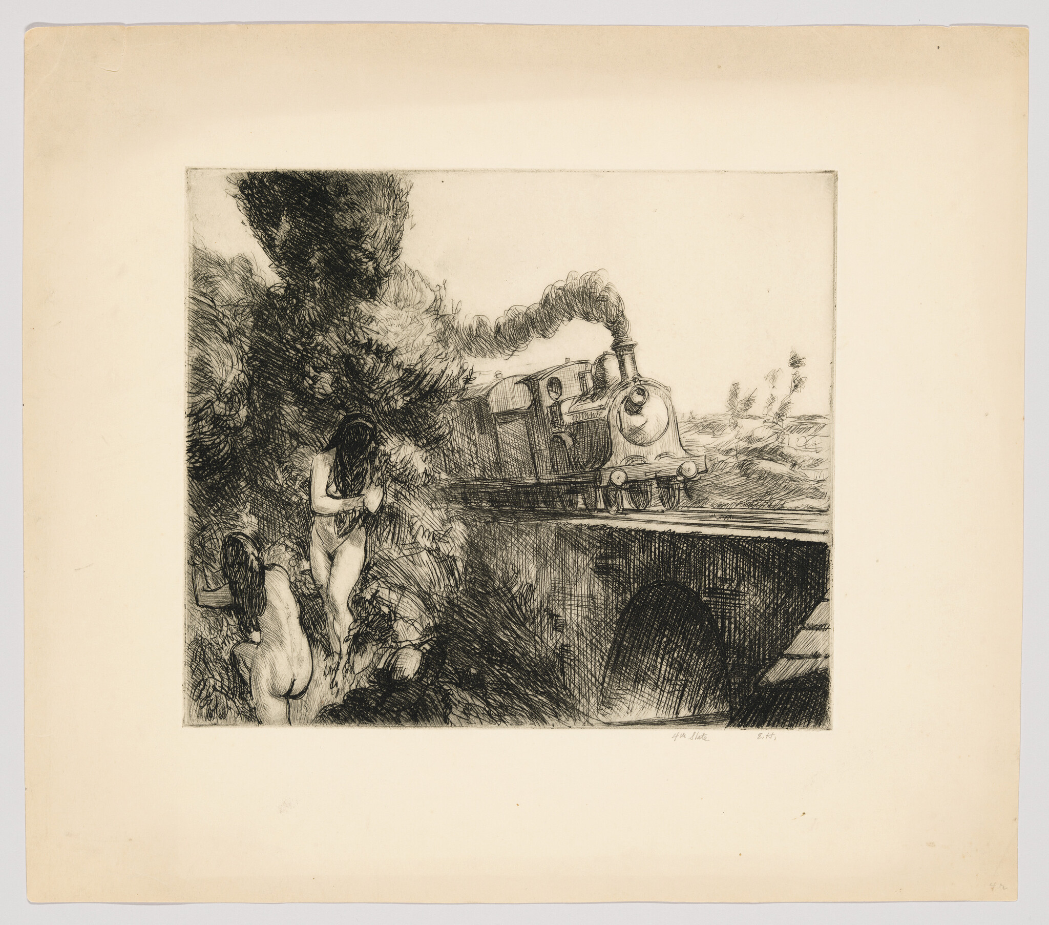 A steam locomotive crosses a bridge while two women crouch and hide near bushes below.