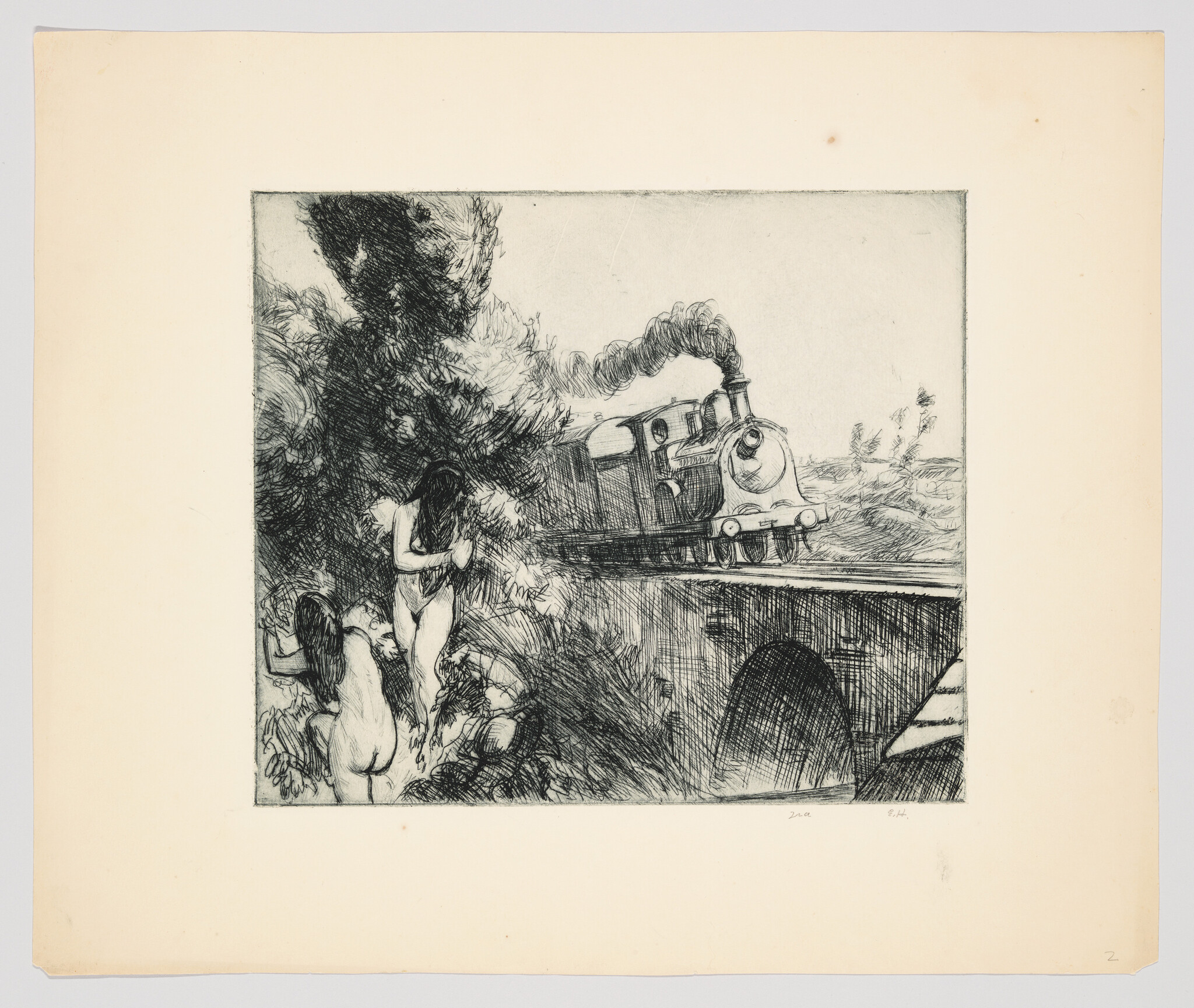 A steam train crosses a bridge past three nude women hiding in bushes beside the tracks.