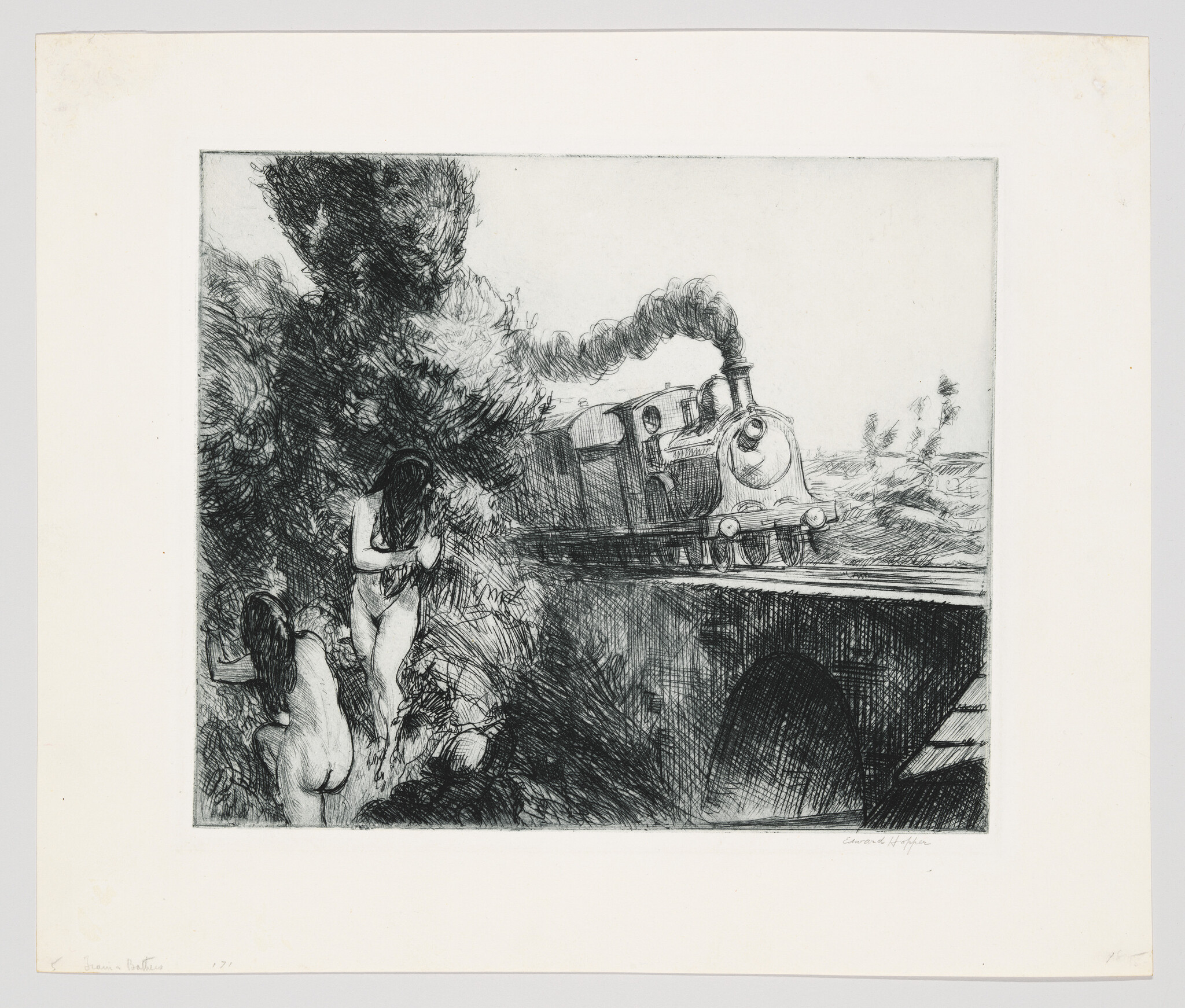 A steam train crosses a bridge while two nude women stand and bathe beside the trees.