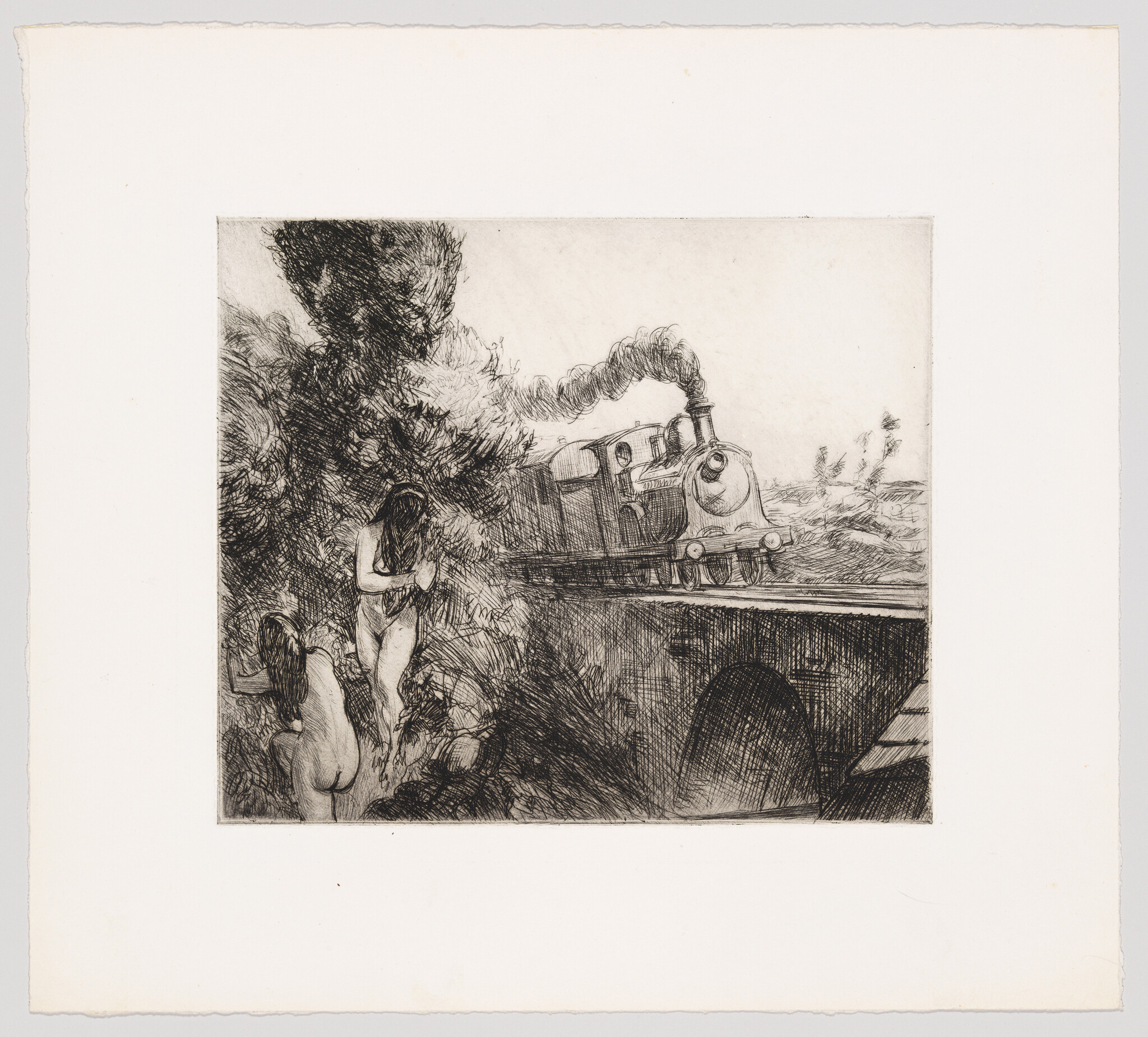 A steam locomotive crosses a bridge while two women hide in the nearby bushes.