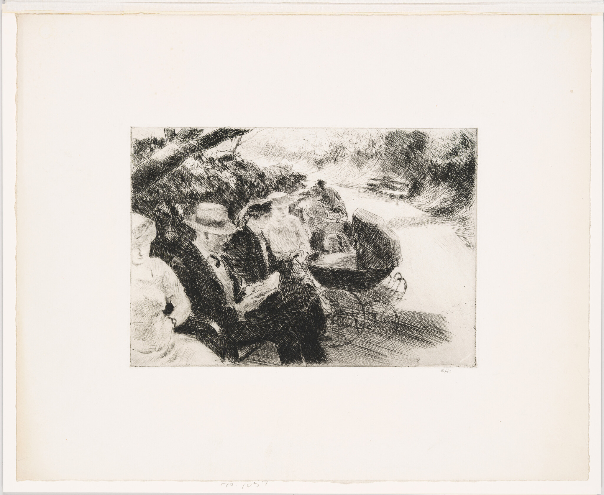 A group of people in hats sit on a bench by a shaded path beside a baby carriage.