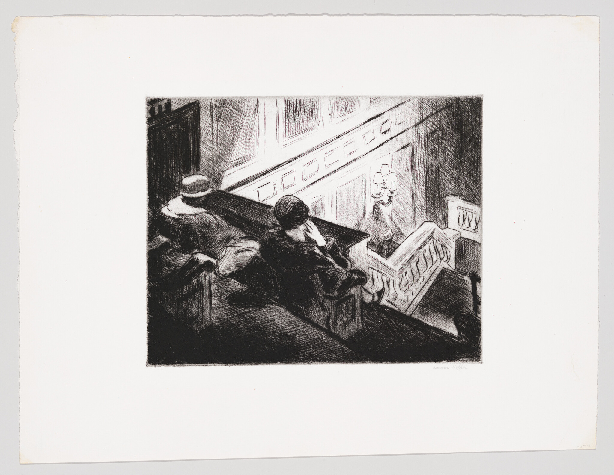 Two seated figures watch a person descending a grand staircase in a dim interior.