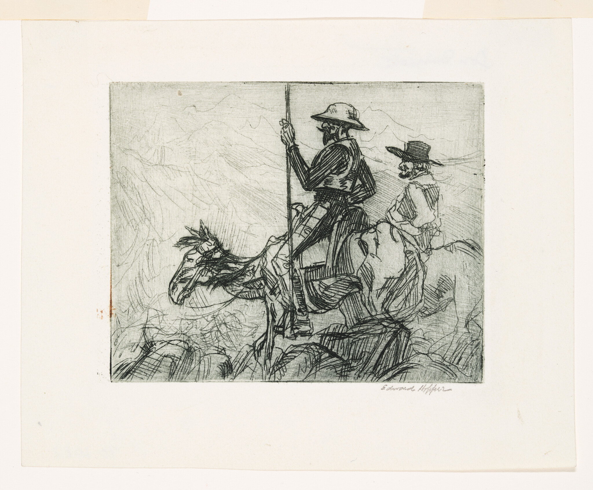 Two mounted riders travel through rough terrain, the front rider holding a long spear.