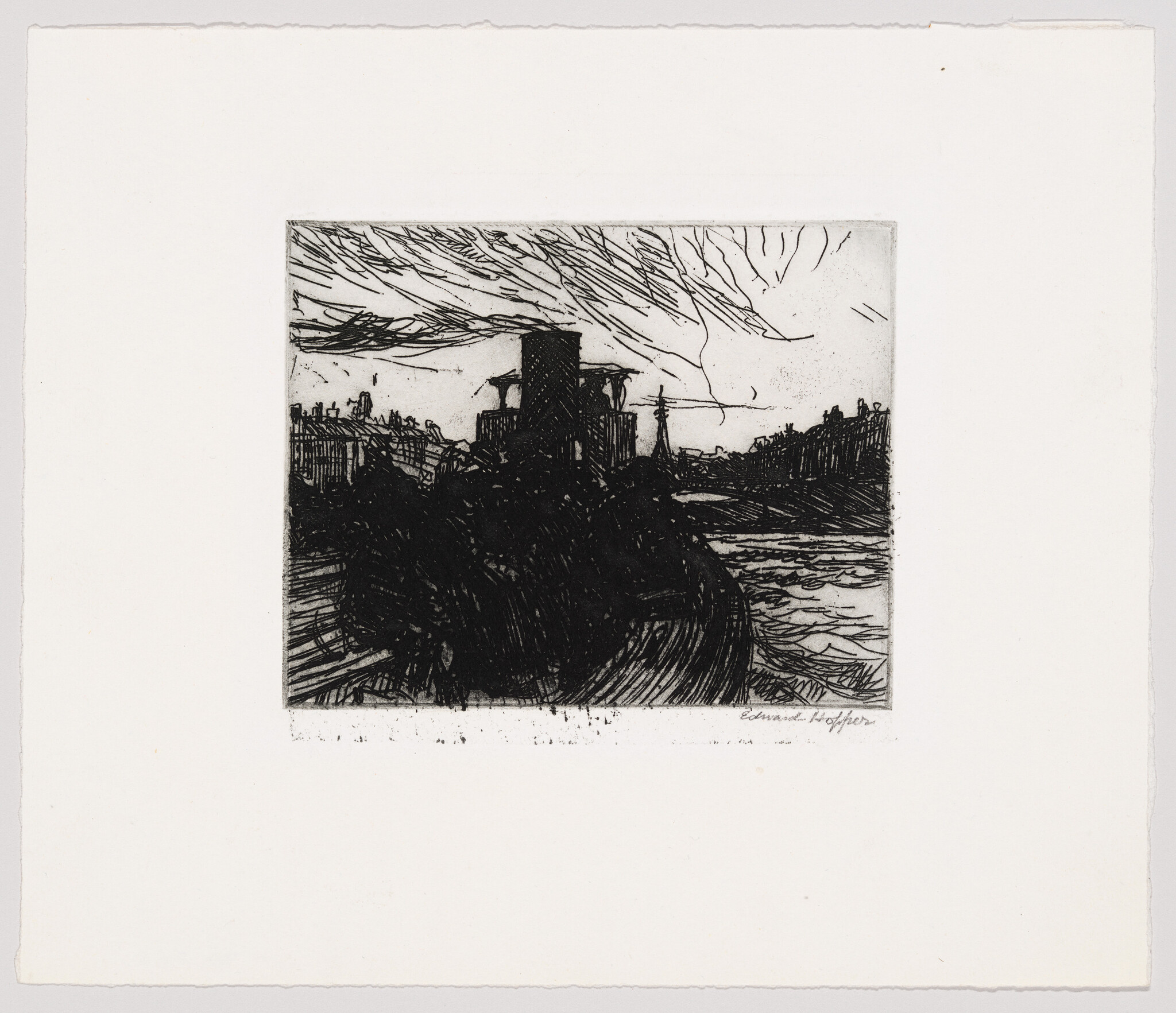 Silhouette of a riverside town with a central tower and swirling clouds above the water.